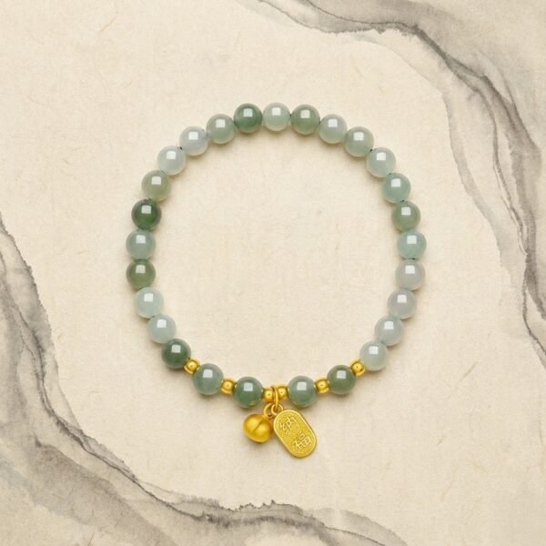 Natural Light Green Jade & Gold Blessing Charm Bracelet